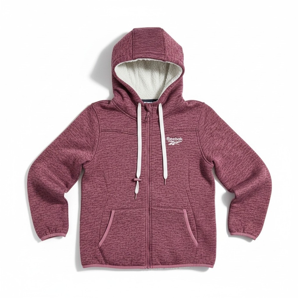Reebok Full Zip Hoodie Large Maroon Marled Sherpa Lined Fleece Jacket